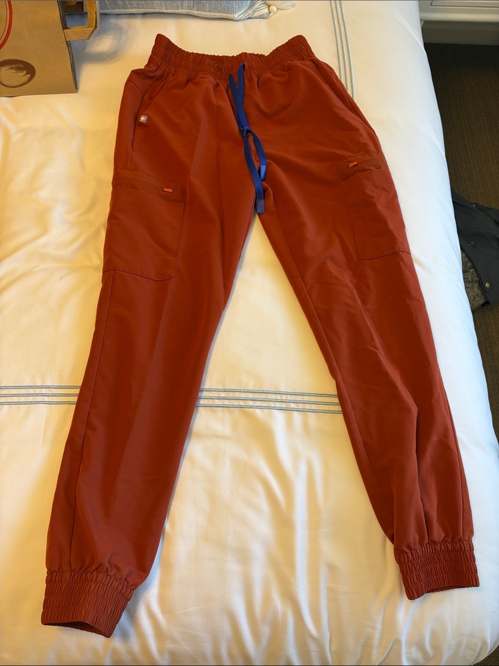 Figs Women's Jogger Scrub Pants in Rust with Blue Drawstring